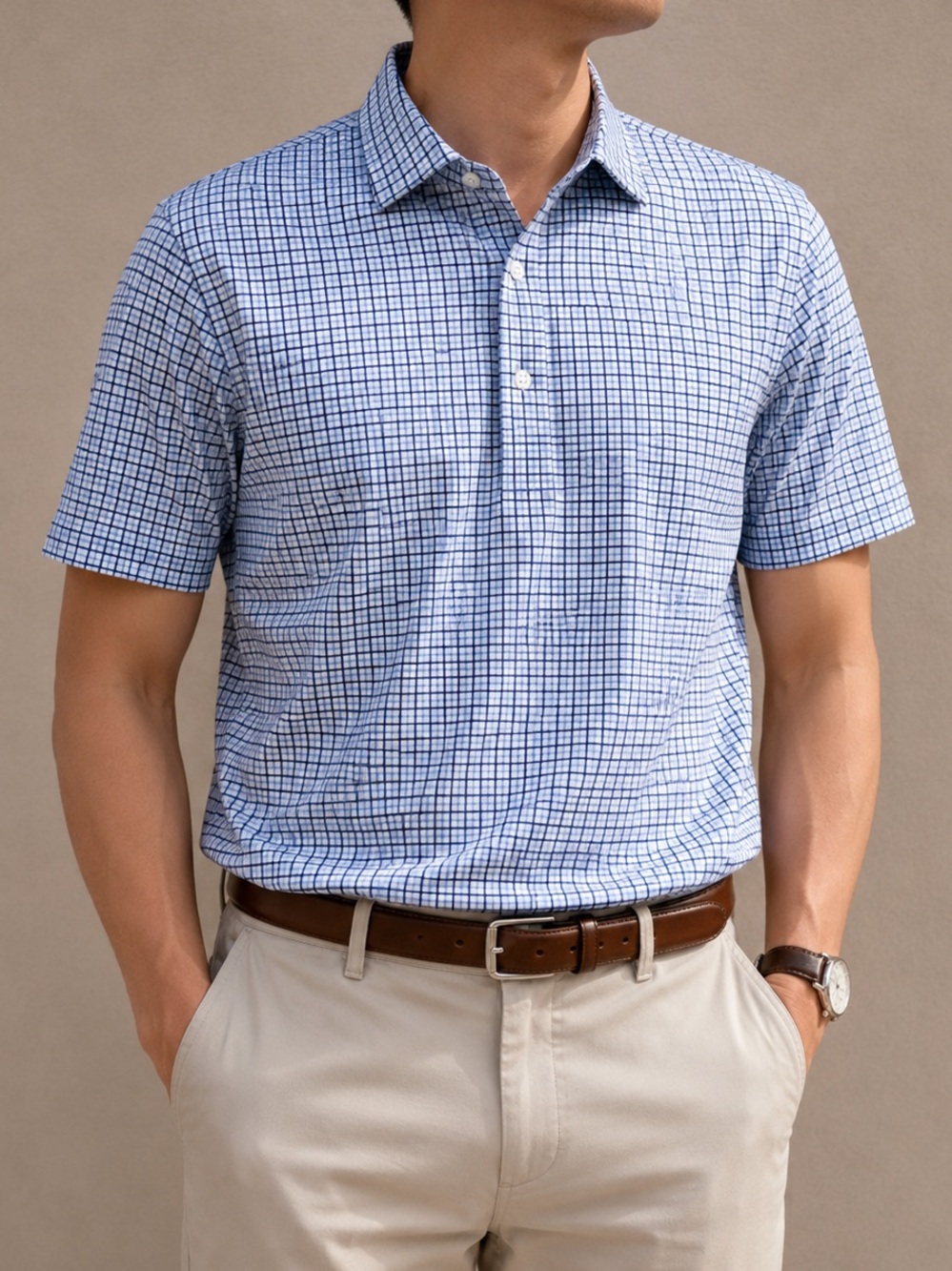 Collars & Co Dress Collar Polo Mens Small Blue Gingham Short Sleeve Performance